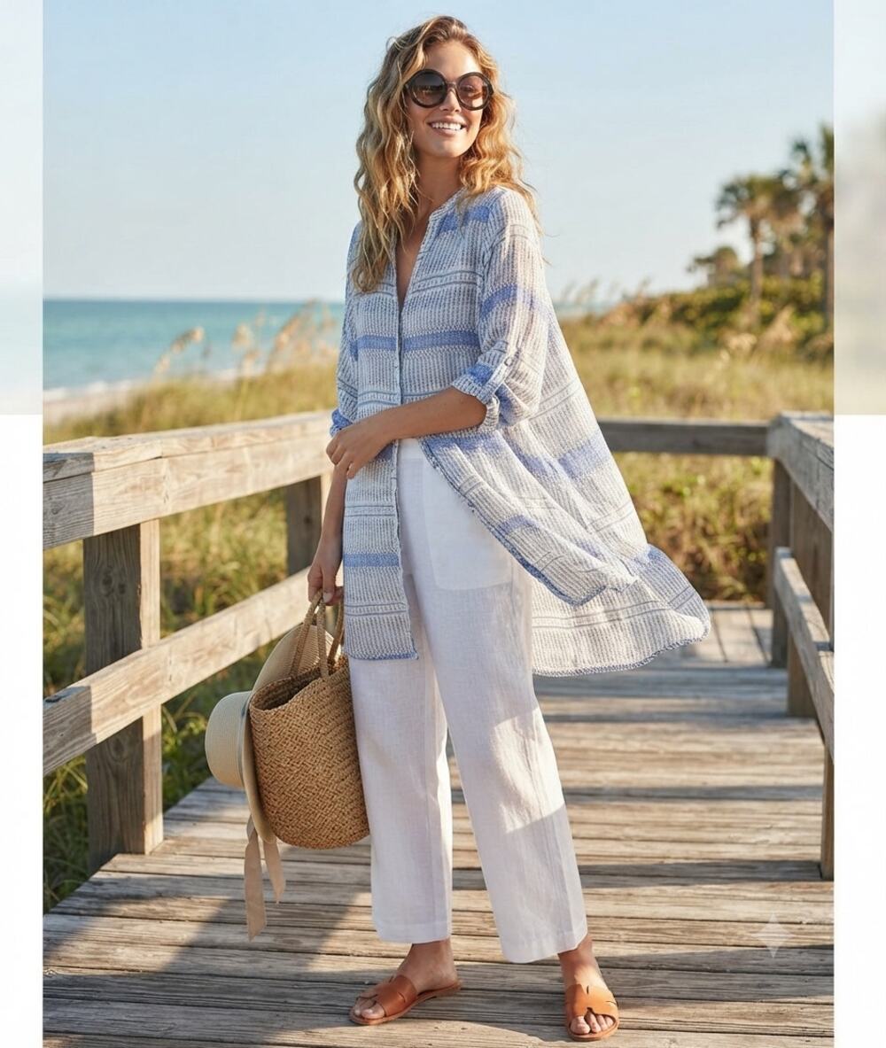 Maeve Anthropologie Blue White Printed Cotton Tunic Top Boho Vacation Large